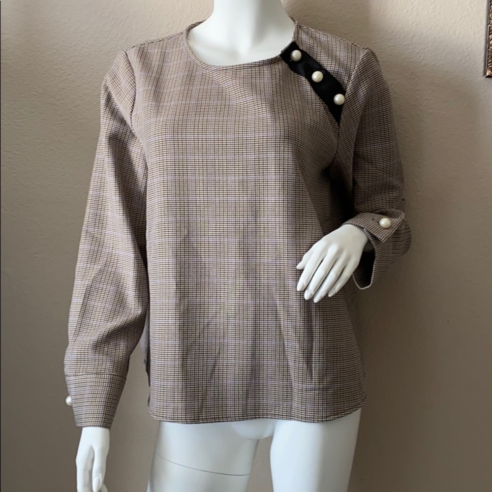Zara Basic Houndstooth Blouse with Faux Pearls